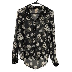 Marisol Skull Print Sheer Long Sleeve Blouse Top